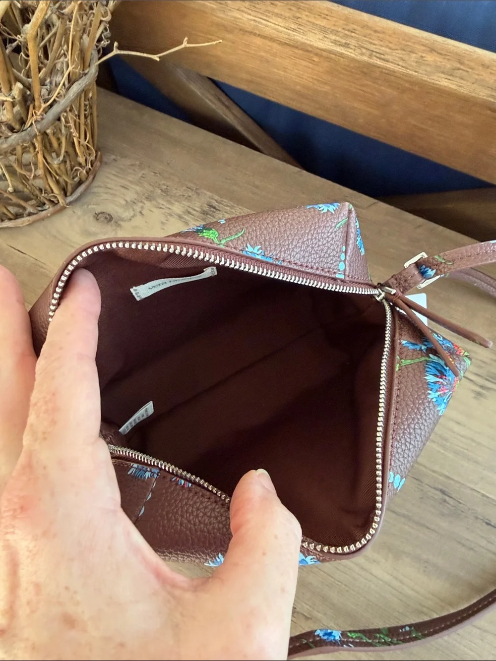 Vera Bradley Brown Crossbody with Blue Floral Print